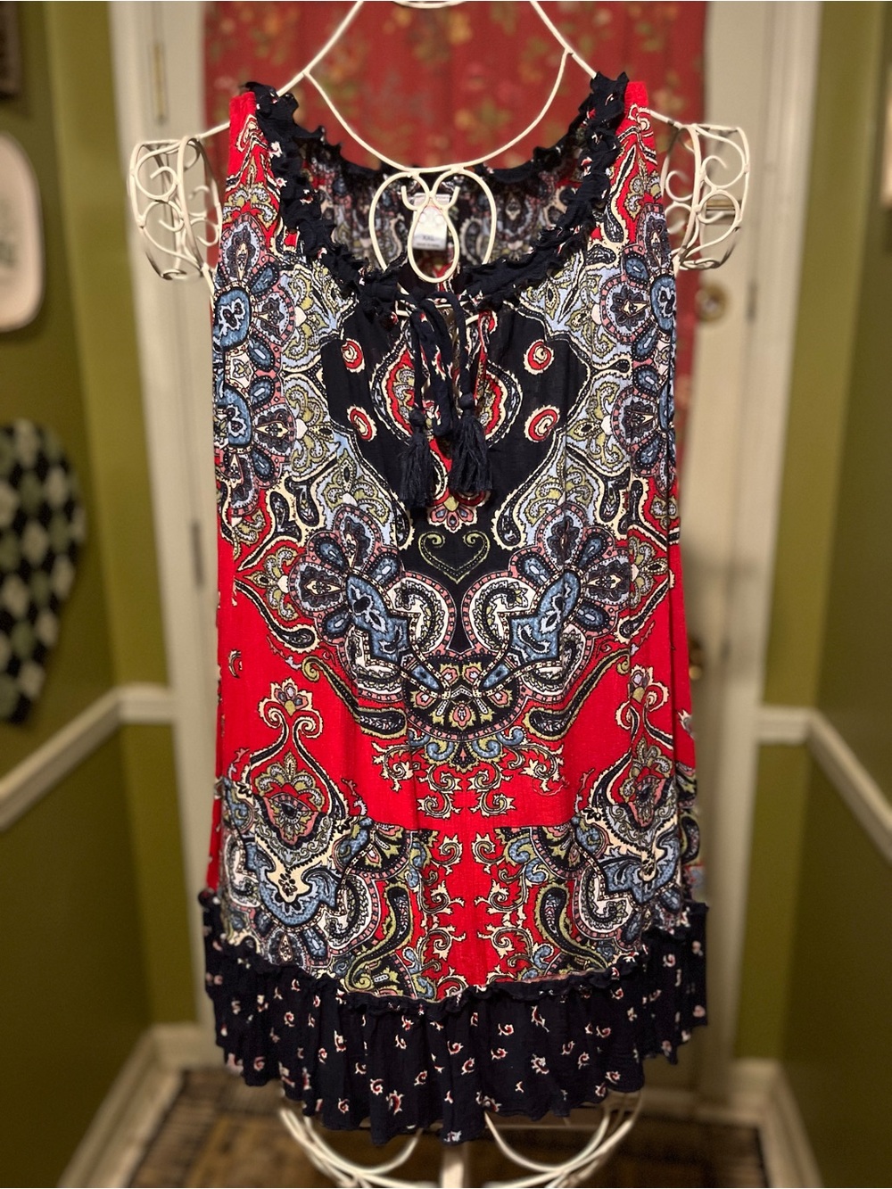 Bila Navy Blue White Red Paisley Sleeveless Blouse XXL